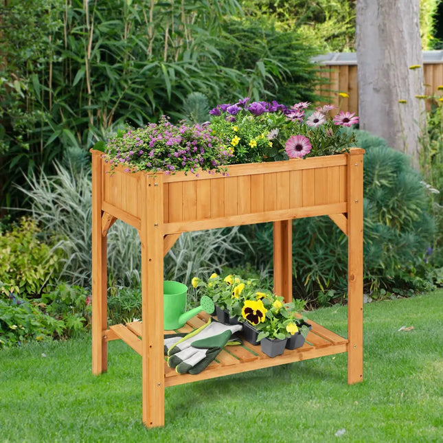 8 Grids Wood Elevated Garden Planter Box Kit with Liner and Shelf - Natural - Raised Garden Beds