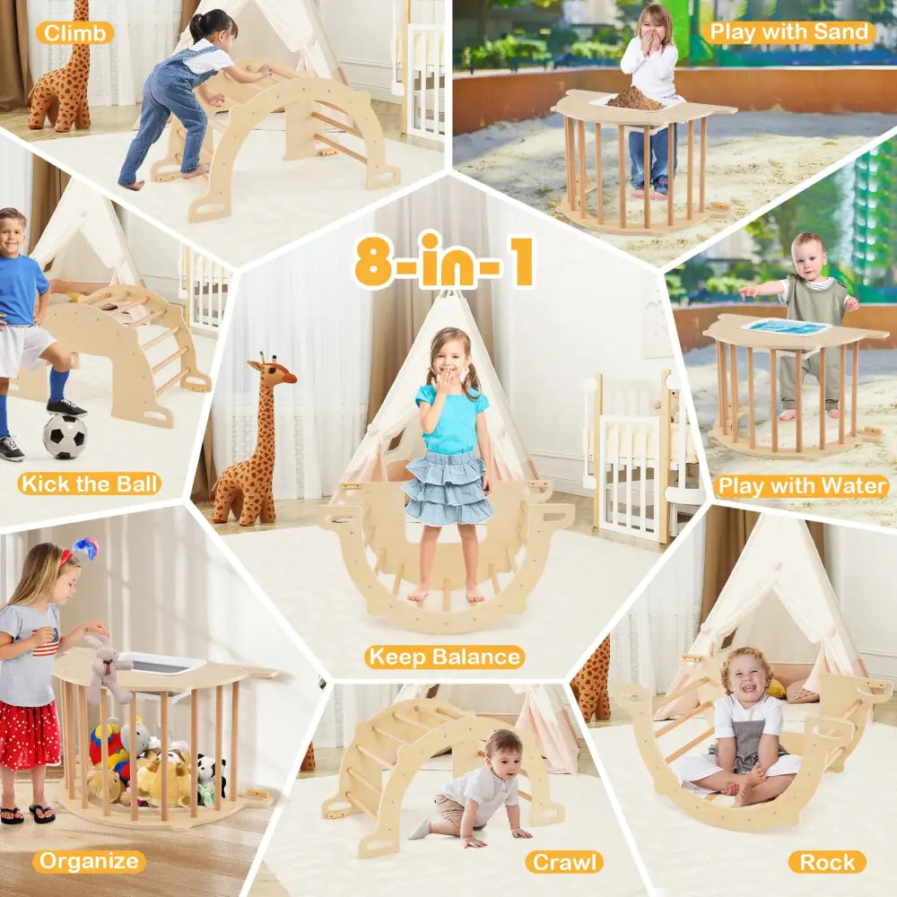 8 in 1 Climbing Arch Sensory Table for Kids with Collapsible Storage Bin for 3+ Years Old-Natural - Natural - Climbers