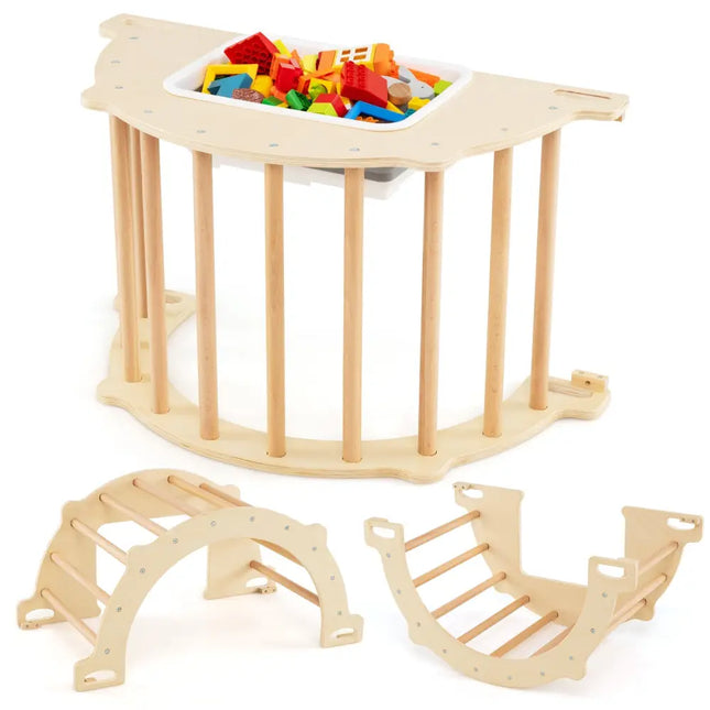 8 in 1 Climbing Arch Sensory Table with Collapsible Storage Bin for Kids-Natural - Natural - Climbers & Slides