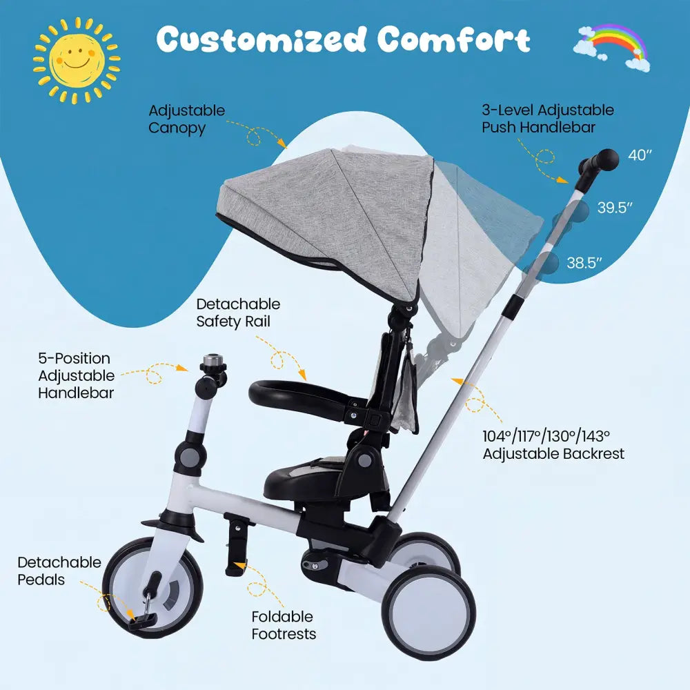 8-in-1 Folding Kids Tricycle with Removable Canopy and Push Handle-Gray - Gray - Baby Strollers