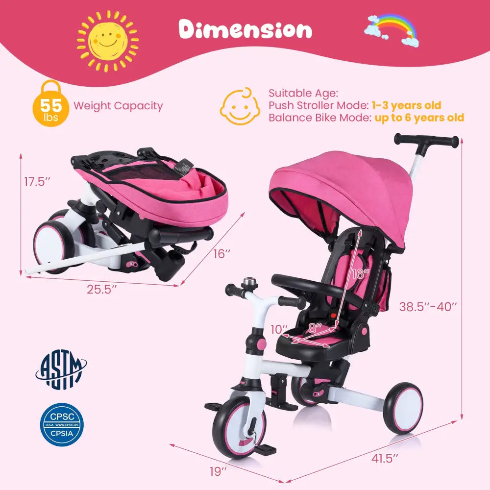8-in-1 Folding Kids Tricycle with Removable Canopy and Push Handle-Pink - Pink - Baby Strollers