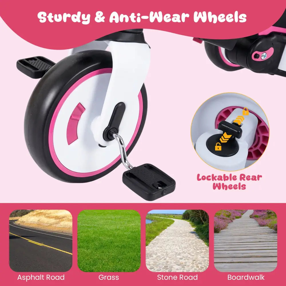 8-in-1 Folding Kids Tricycle with Removable Canopy and Push Handle-Pink - Pink - Baby Strollers