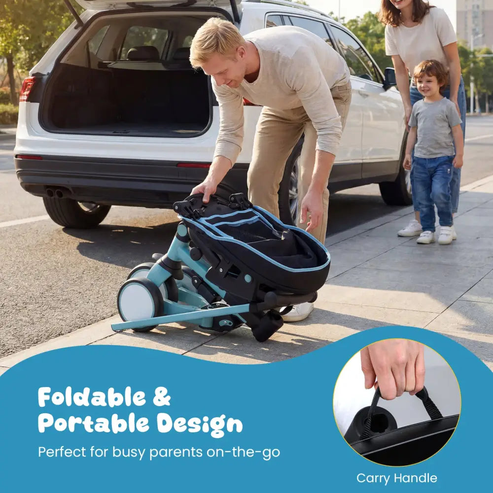 8-in-1 Folding Kids Tricycle with Removable Canopy and Push Handle-Blue - Blue - Baby Strollers