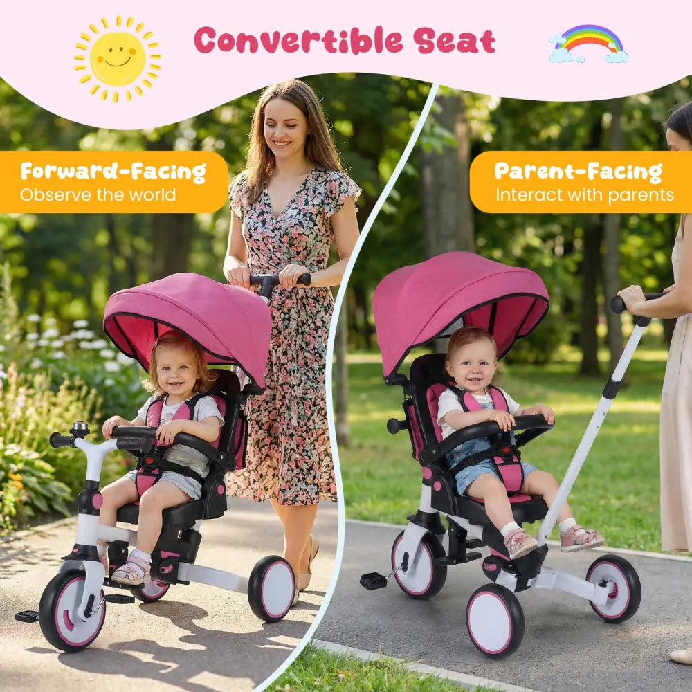 8-in-1 Folding Kids Tricycle with Removable Canopy and Push Handle-Pink - Pink - Baby Strollers