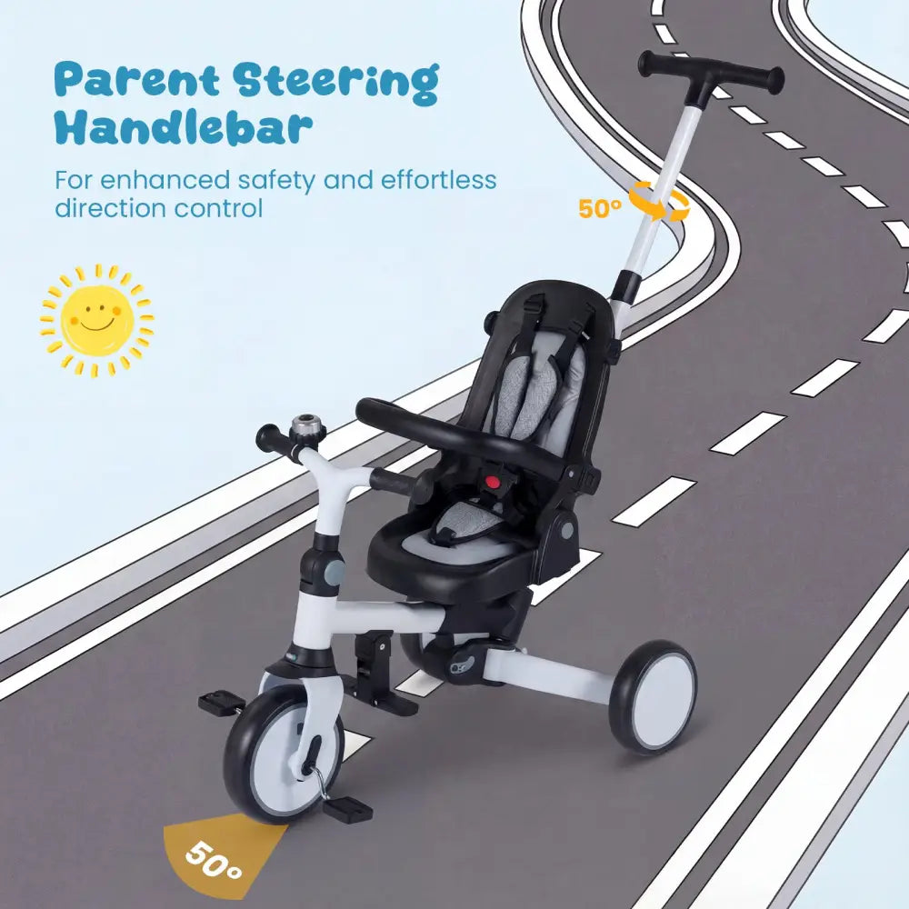 8-in-1 Folding Kids Tricycle with Removable Canopy and Push Handle-Gray - Gray - Baby Strollers