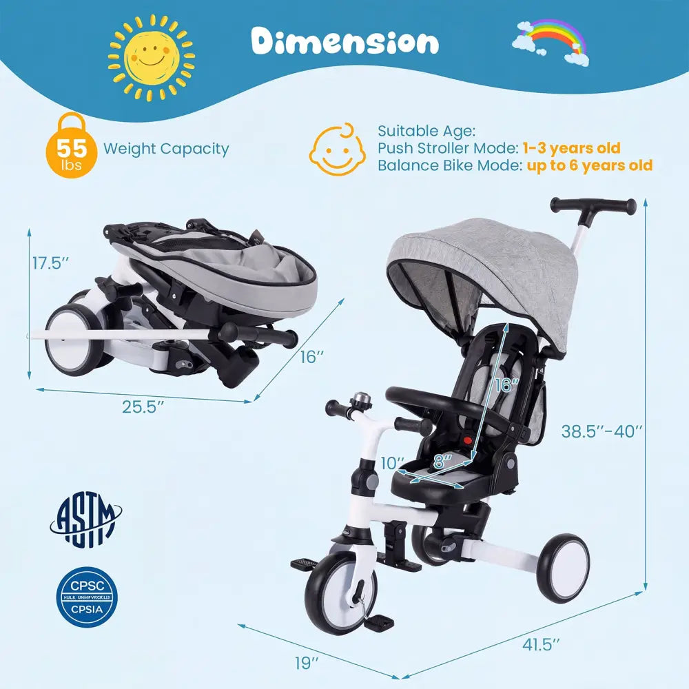 8-in-1 Folding Kids Tricycle with Removable Canopy and Push Handle-Gray - Gray - Baby Strollers
