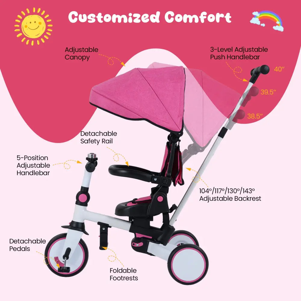 8-in-1 Folding Kids Tricycle with Removable Canopy and Push Handle-Pink - Pink - Baby Strollers