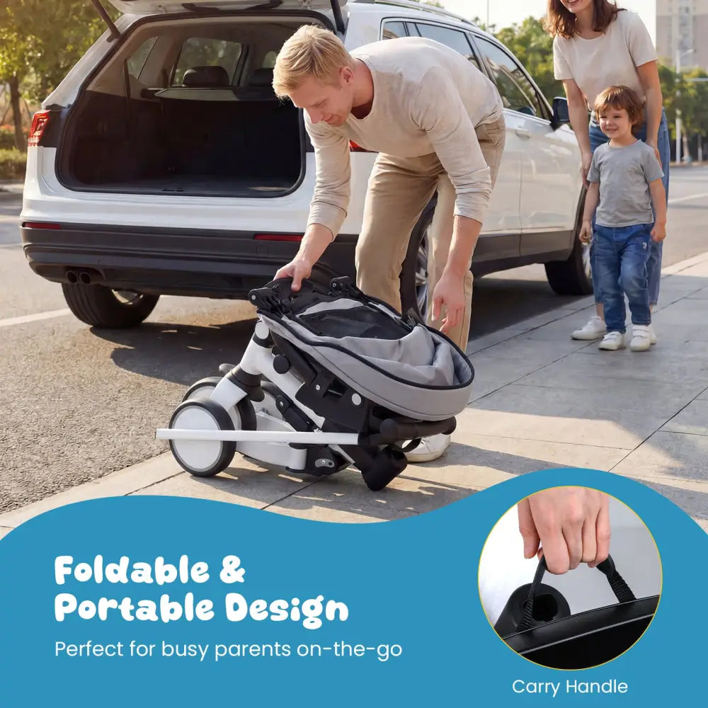 8-in-1 Folding Kids Tricycle with Removable Canopy and Push Handle-Gray - Gray - Baby Strollers