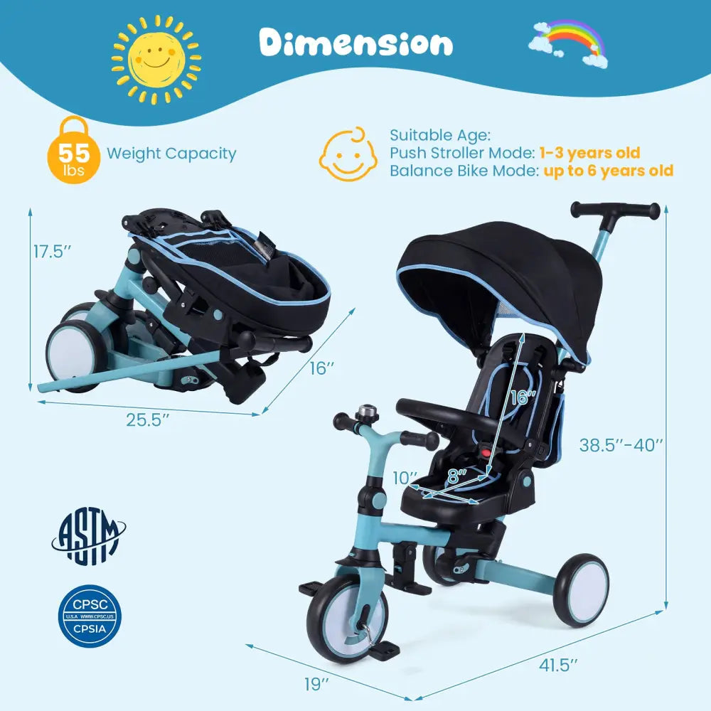 8-in-1 Folding Kids Tricycle with Removable Canopy and Push Handle-Blue - Blue - Baby Strollers