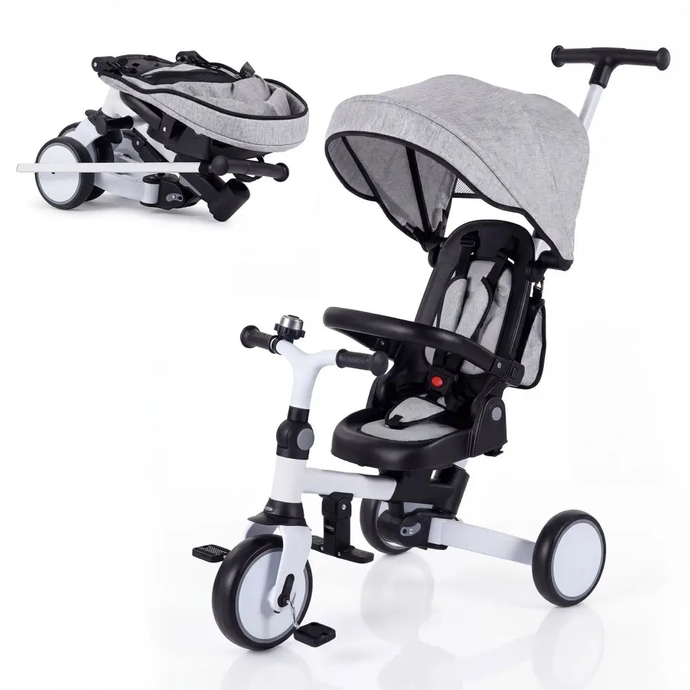 8-in-1 Folding Kids Tricycle with Removable Canopy and Push Handle-Gray - Gray - Baby Strollers