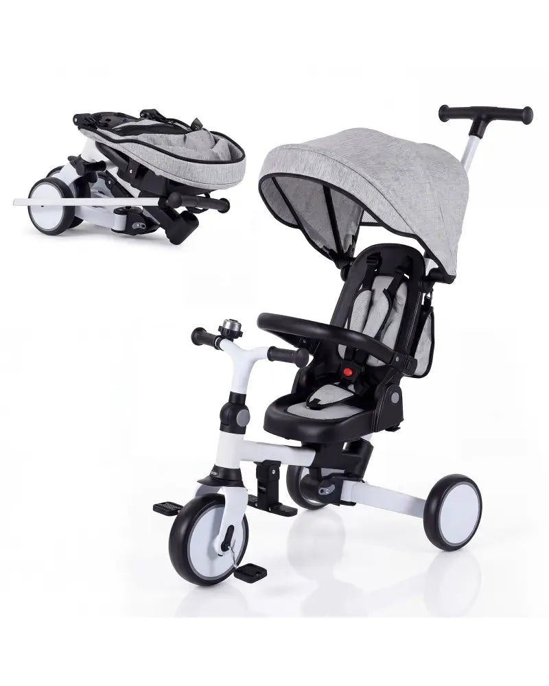 8-in-1 Folding Kids Tricycle with Removable Canopy and Push Handle-Gray - Gray - Baby Strollers