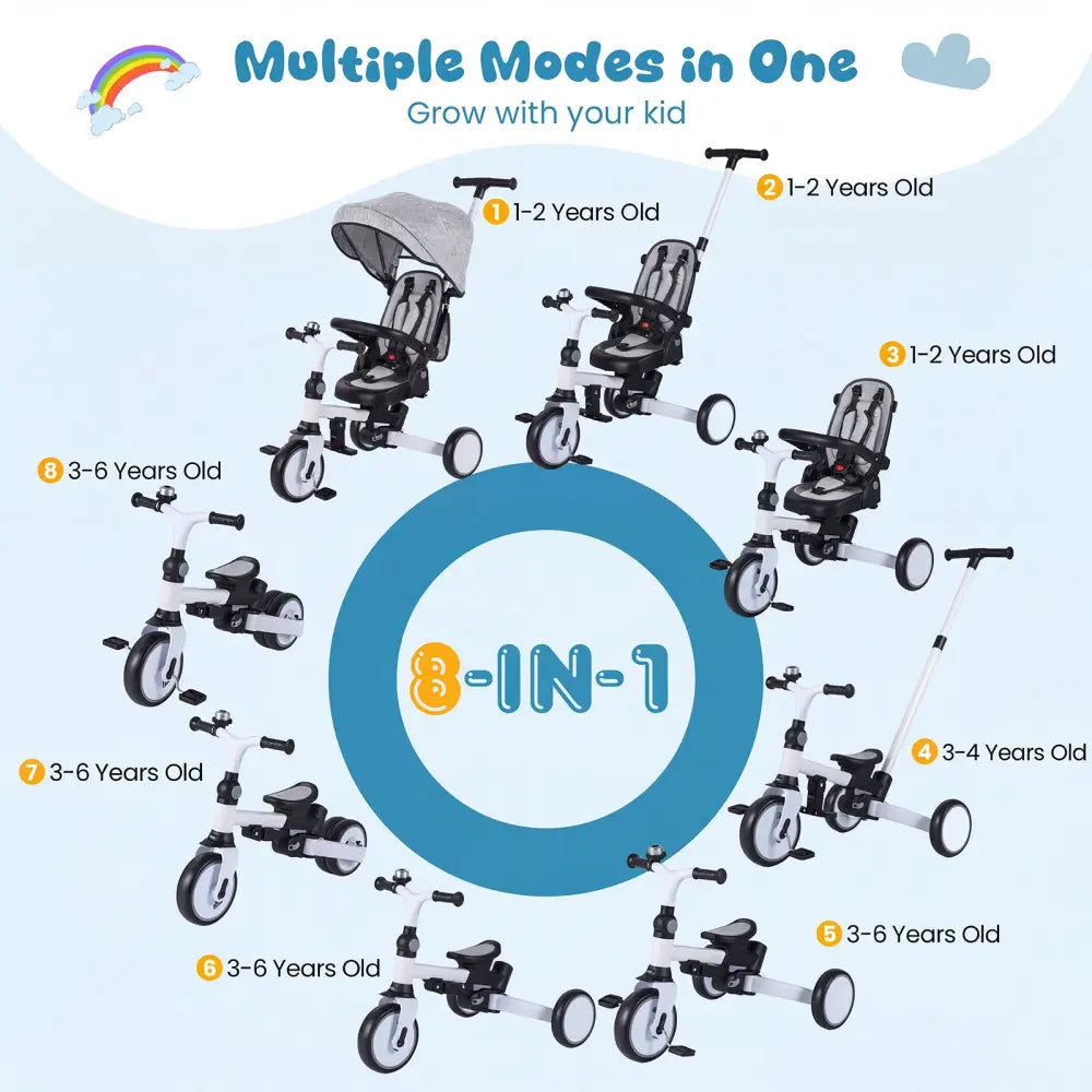 8-in-1 Folding Kids Tricycle with Removable Canopy and Push Handle-Gray - Gray - Baby Strollers