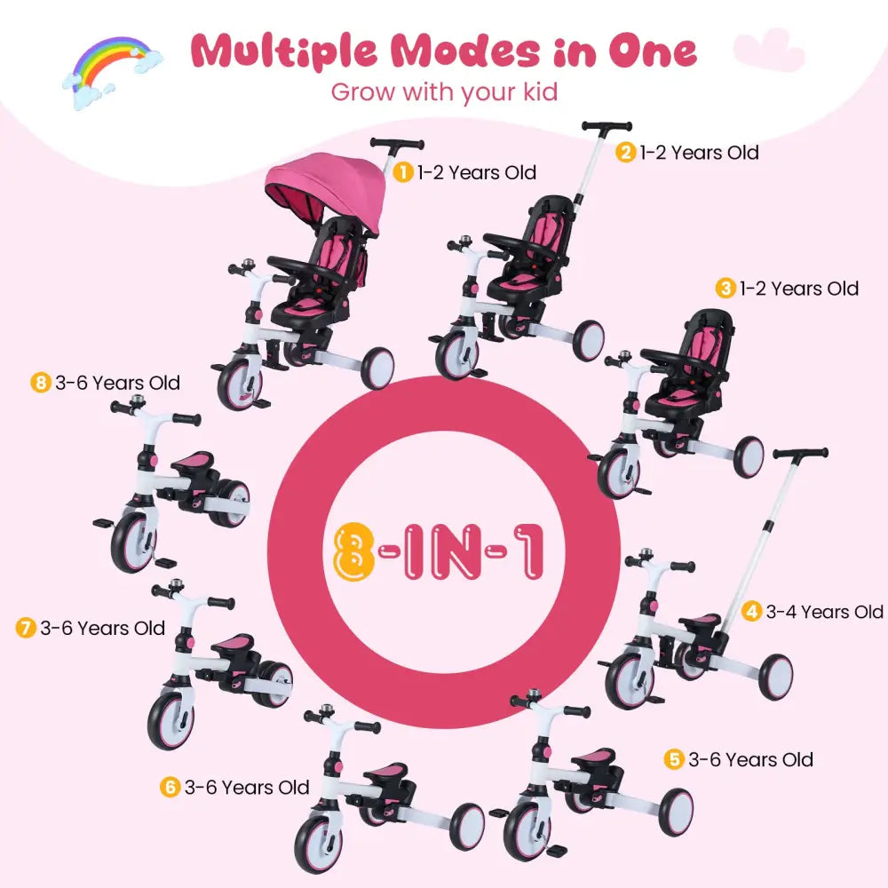 8-in-1 Folding Kids Tricycle with Removable Canopy and Push Handle-Pink - Pink - Baby Strollers