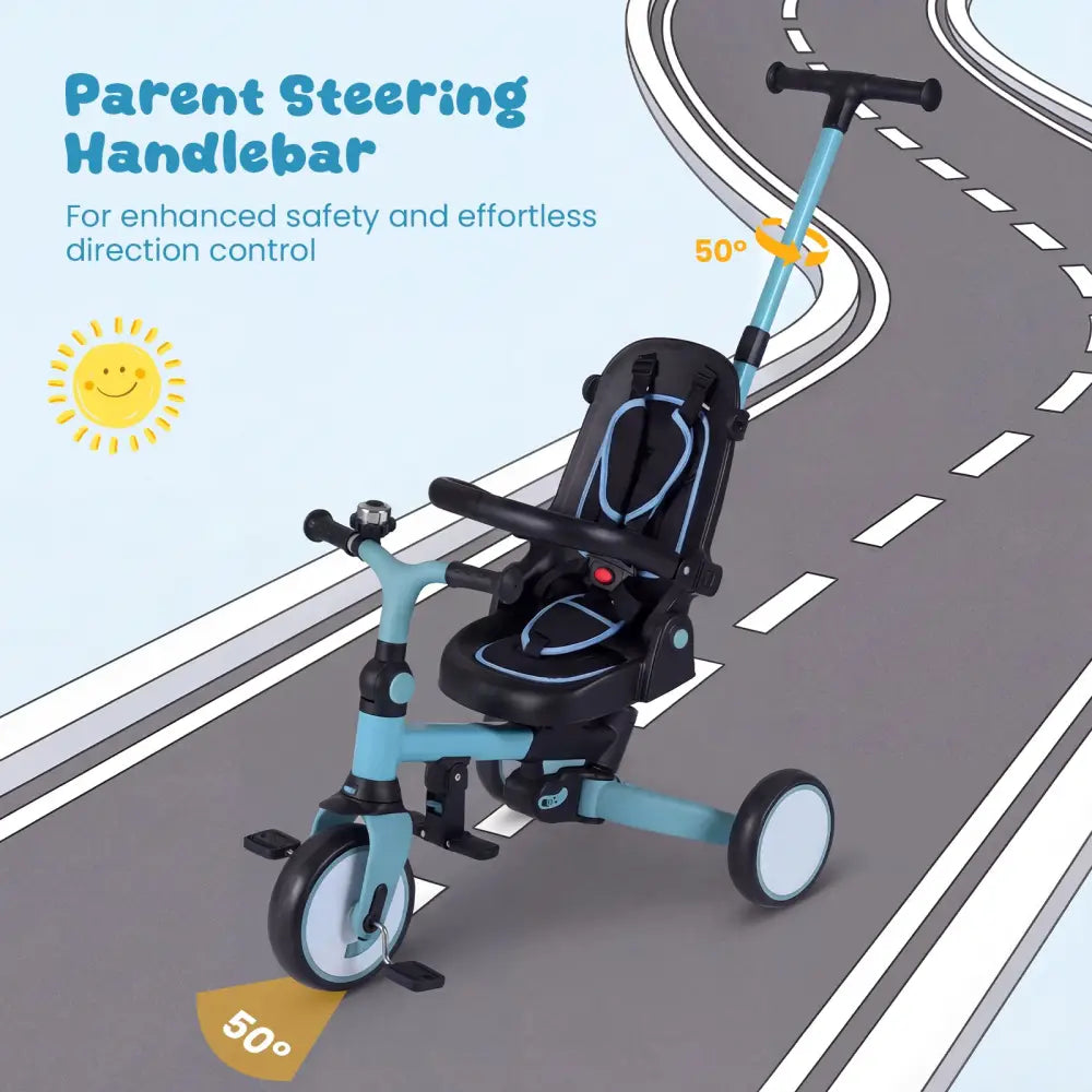 8-in-1 Folding Kids Tricycle with Removable Canopy and Push Handle-Blue - Blue - Baby Strollers