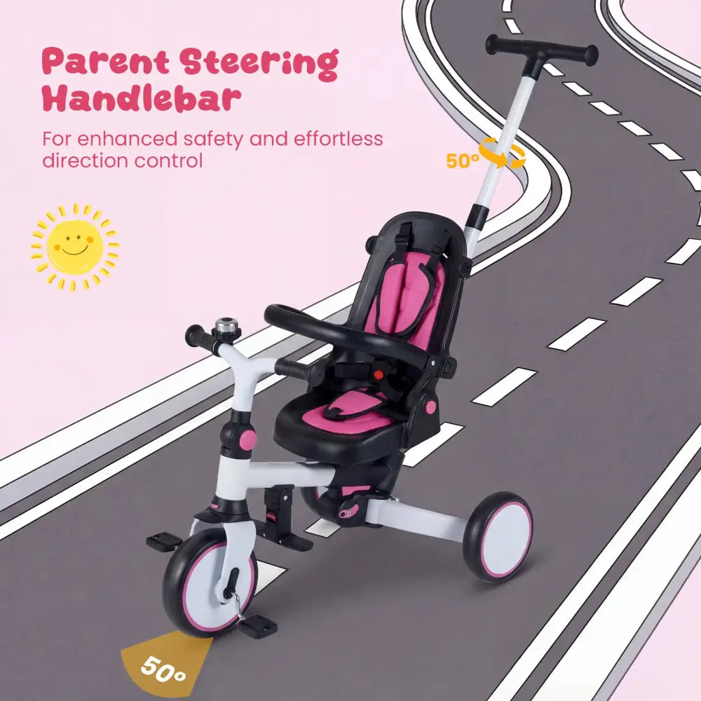 8-in-1 Folding Kids Tricycle with Removable Canopy and Push Handle-Pink - Pink - Baby Strollers