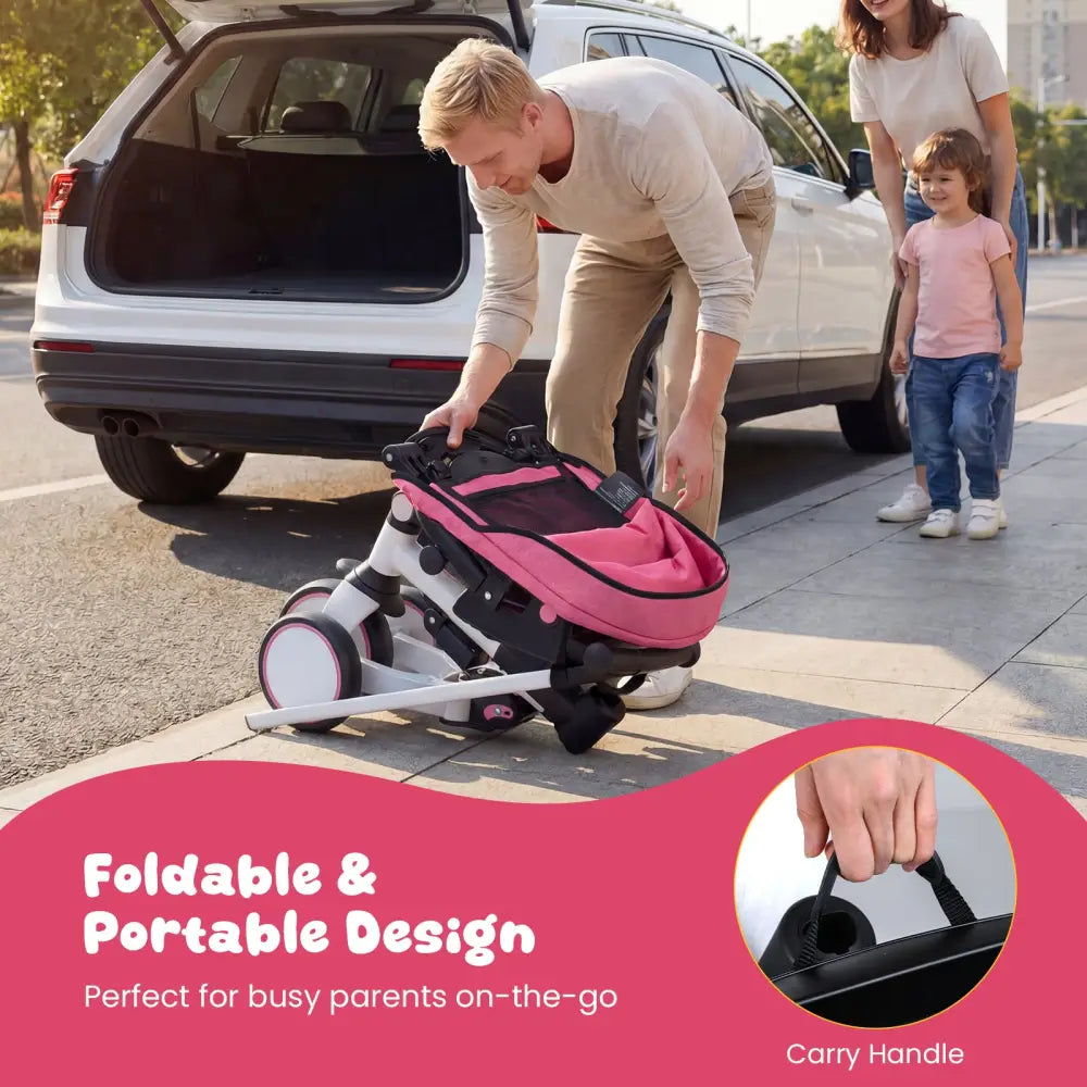 8-in-1 Folding Kids Tricycle with Removable Canopy and Push Handle-Pink - Pink - Baby Strollers