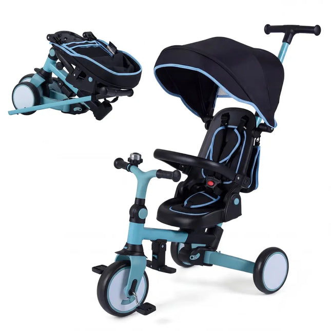 8 - in - 1 Folding Kids Tricycle with Removable Canopy and Push Handle - Blue - Oasis Home Essentials
