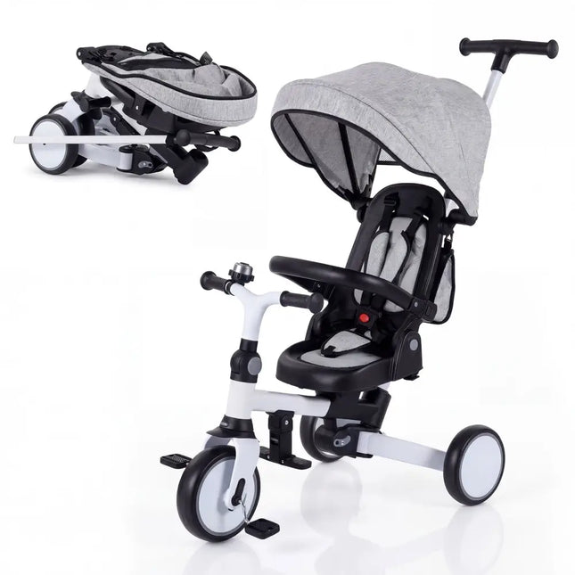 8 - in - 1 Folding Kids Tricycle with Removable Canopy and Push Handle - Gray - Oasis Home Essentials
