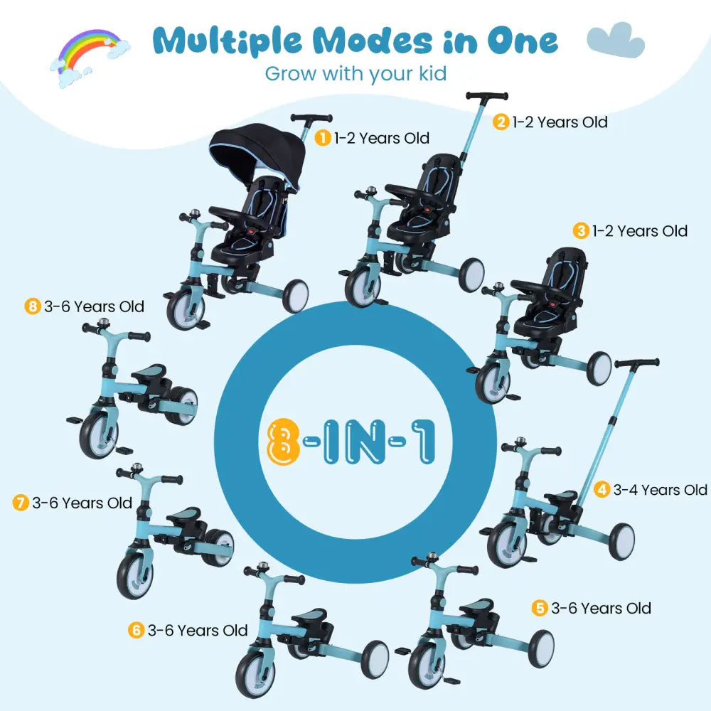 8-in-1 Folding Kids Tricycle with Removable Canopy and Push Handle-Blue - Blue - Baby Strollers