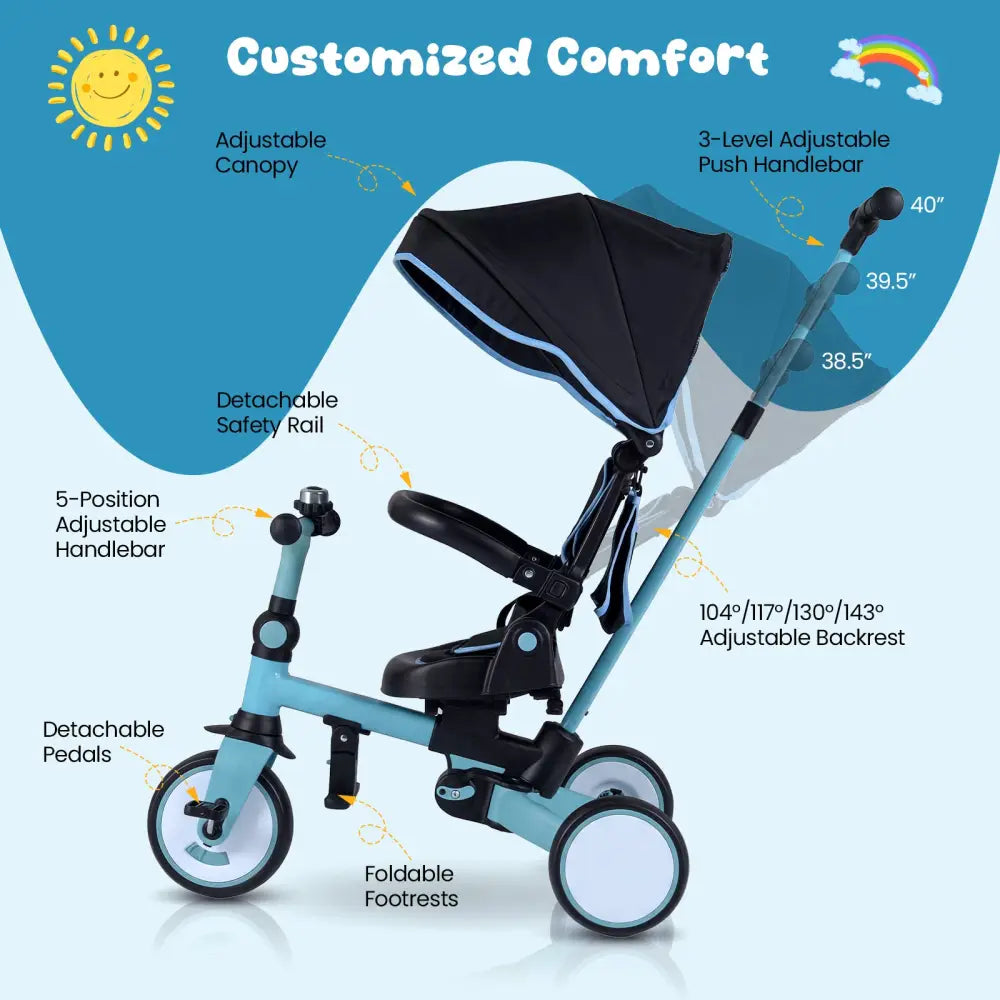 8-in-1 Folding Kids Tricycle with Removable Canopy and Push Handle-Blue - Blue - Baby Strollers