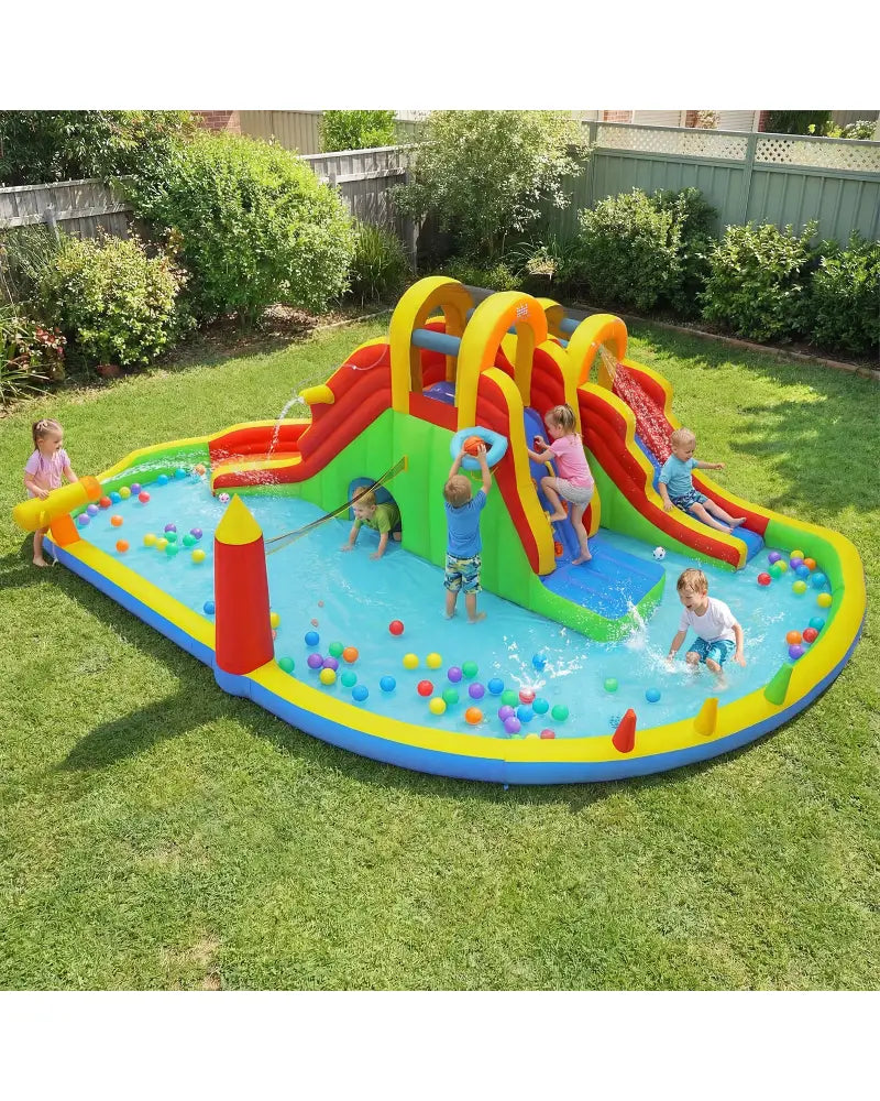8-in-1 Giant Bounce House with 2 Long Slides and Climbing Walls for Yard Party - Multicolor - Inflatable Water Slides