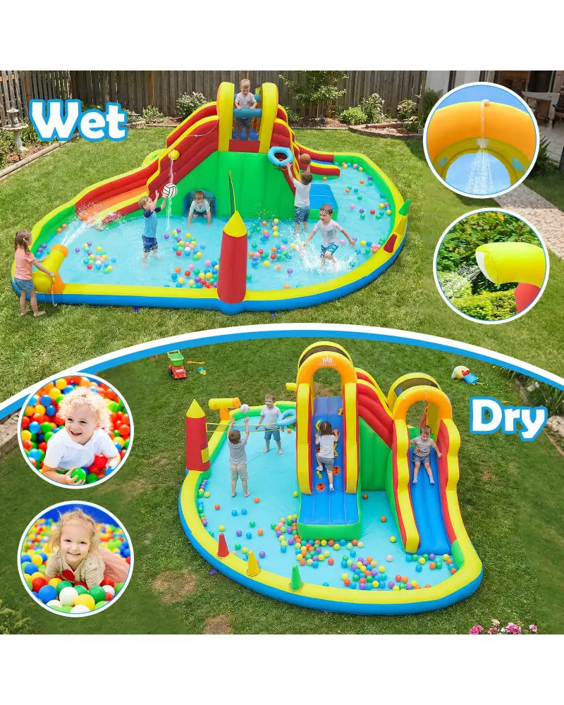 8-in-1 Giant Bounce House with 2 Long Slides and Climbing Walls for Yard Party - Multicolor - Inflatable Water Slides