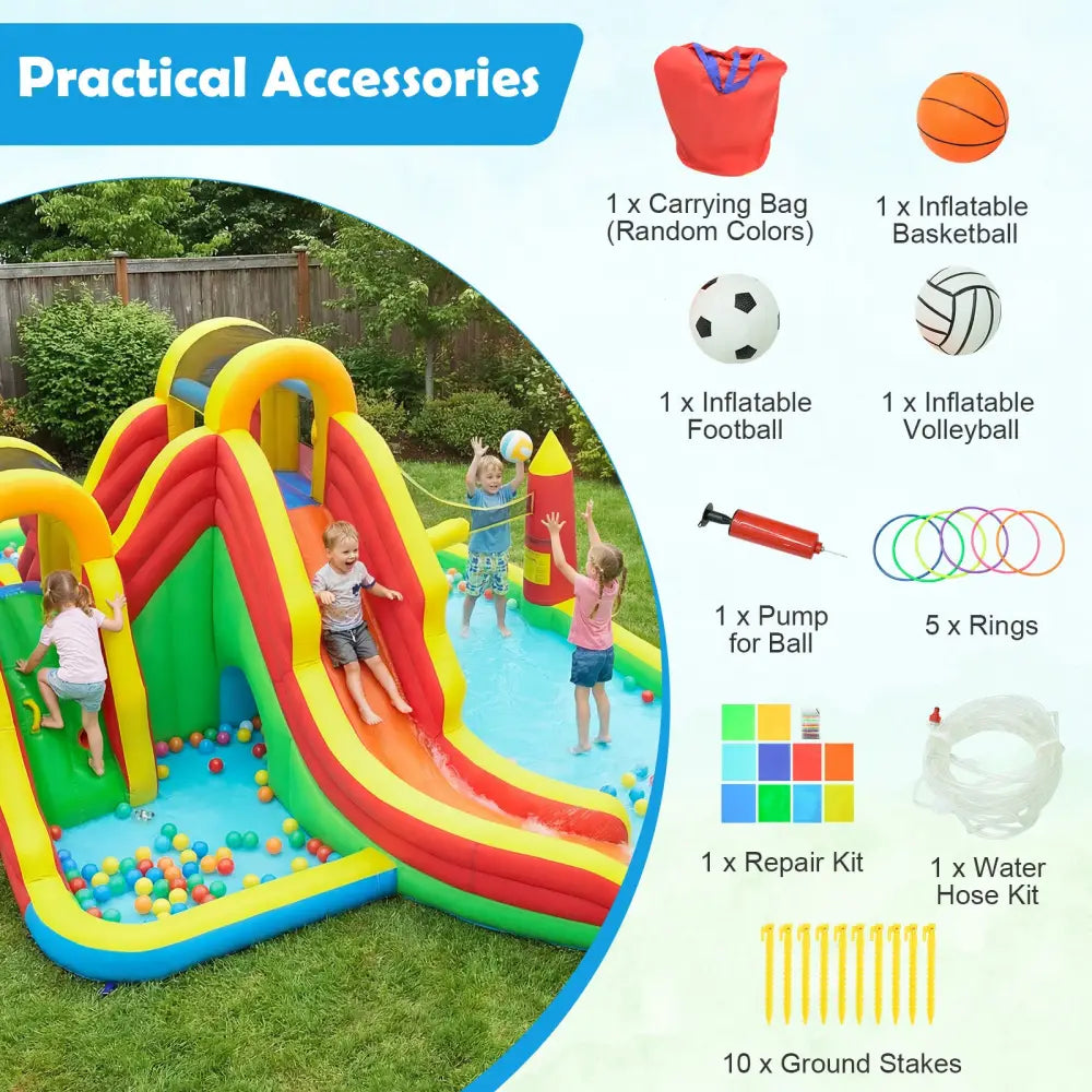 8-in-1 Giant Bounce House with 2 Long Slides and Climbing Walls for Yard Party - Multicolor - Inflatable Water Slides