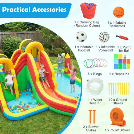 8-in-1 Giant Bounce House with 2 Long Slides for Yard Party with 750W Blower - Multicolor - Bounce House