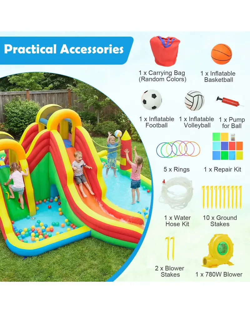 8-in-1 Giant Bounce House with 2 Long Slides for Yard Party with 780W Blower - Multicolor - Inflatable Water Slides