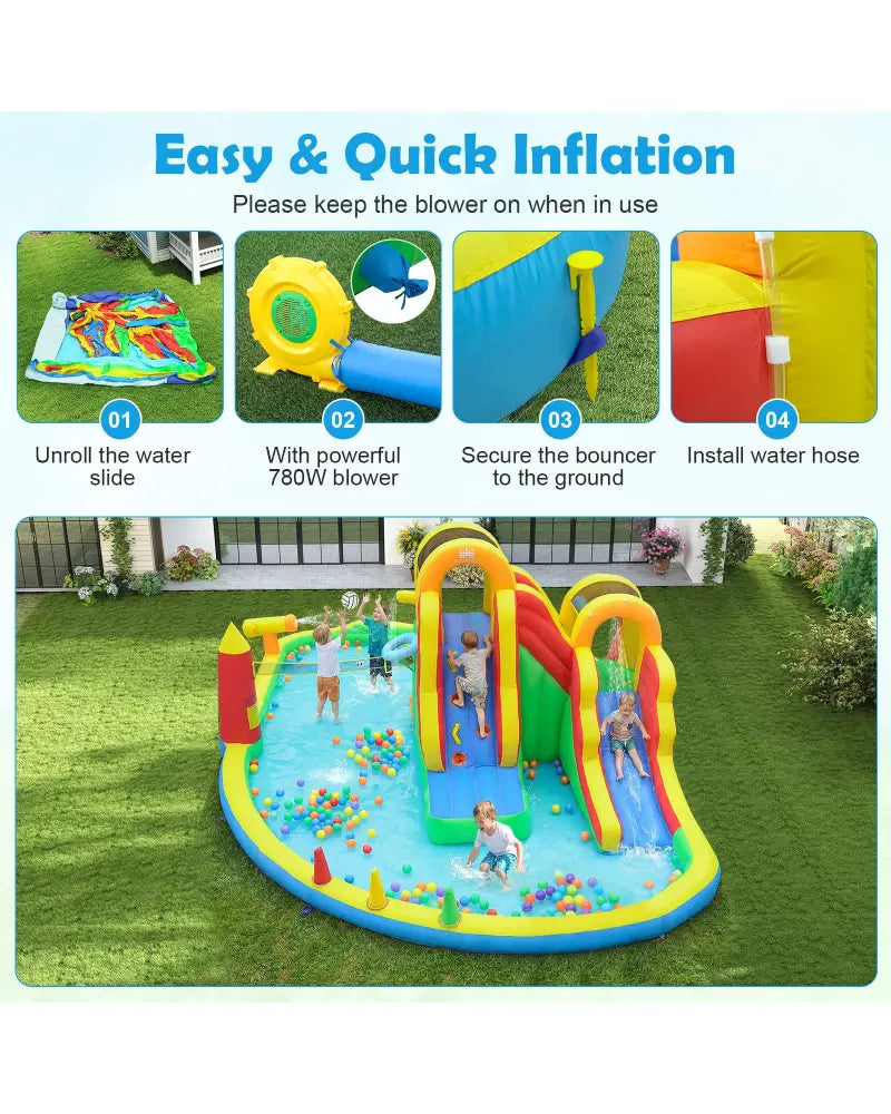 8-in-1 Giant Bounce House with 2 Long Slides for Yard Party with 780W Blower - Multicolor - Inflatable Water Slides