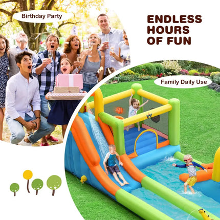 8-in-1 Inflatable Water Slide Bounce House with Splash Pool and 735W Blower - Inflatable Water Slides