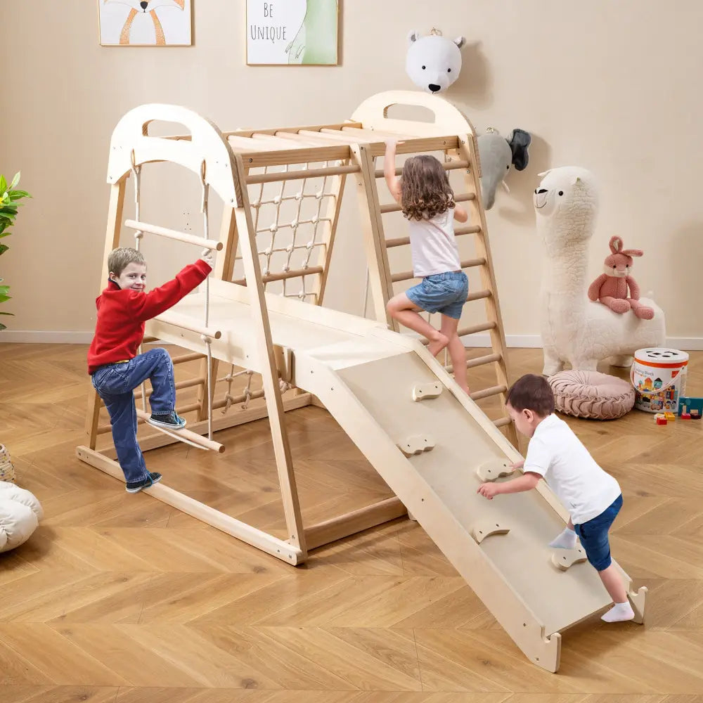 8-in-1 Jungle Gym Wooden Montessori Climber Playset with Slide and Monkey Bar for Kids 3-5 Years Old-Natural - Natural