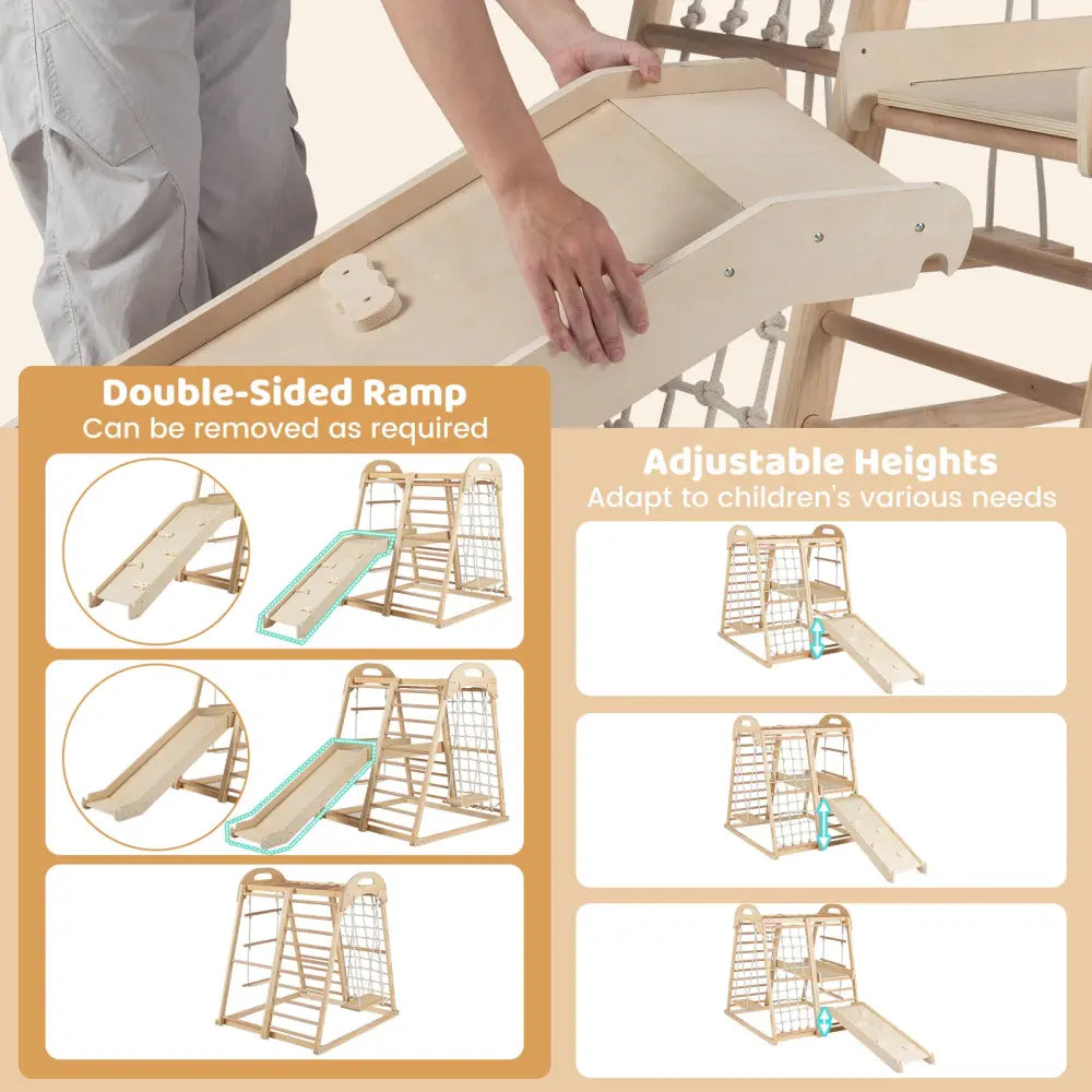 8-in-1 Jungle Gym Wooden Montessori Climber Playset with Slide and Monkey Bar for Kids 3-5 Years Old-Natural - Natural