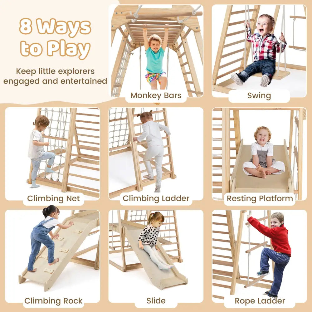 8-in-1 Jungle Gym Wooden Montessori Climber Playset with Slide and Monkey Bar for Kids 3-5 Years Old-Natural - Natural