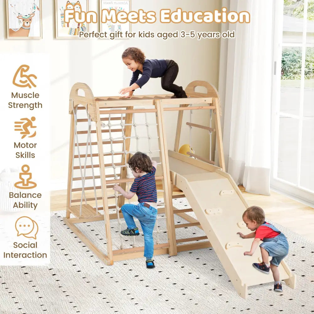 8-in-1 Jungle Gym Wooden Montessori Climber Playset with Slide and Monkey Bar for Kids 3-5 Years Old-Natural - Natural