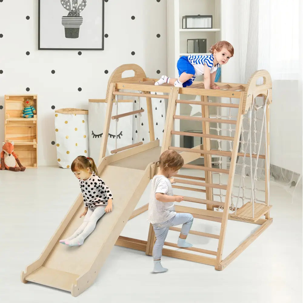 8-in-1 Jungle Gym Wooden Montessori Climber Playset with Slide and Monkey Bar for Kids 3-5 Years Old-Natural - Natural