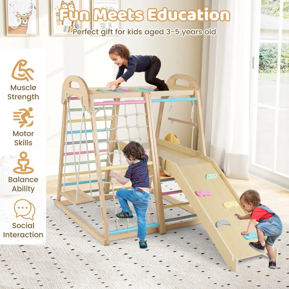 8-in-1 Jungle Gym Wooden Montessori Climber Playset with Slide and Monkey Bar for Kids 3-5 Years Old-Multicolor