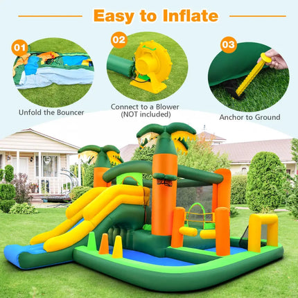 8-in-1 Tropical Inflatable Bounce Castle with 2 Ball Pits Slide and Tunnel Without Blower - Bounce House
