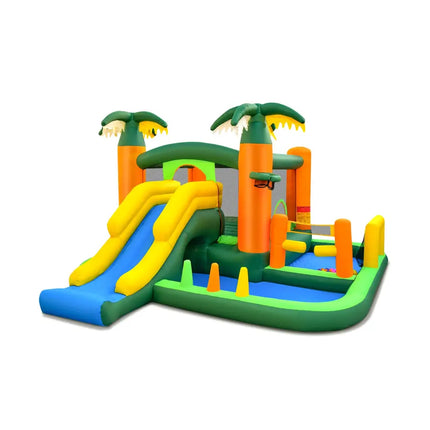 8-in-1 Tropical Inflatable Bounce Castle with 2 Ball Pits Slide and Tunnel Without Blower - Bounce House