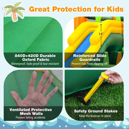 8-in-1 Tropical Inflatable Bounce Castle with 2 Ball Pits Slide and Tunnel Without Blower - Bounce House