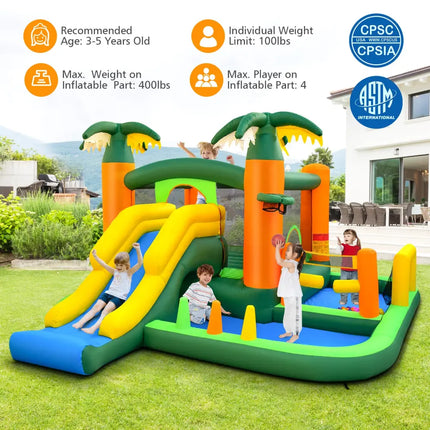 8-in-1 Tropical Inflatable Bounce Castle with 2 Ball Pits Slide and Tunnel Without Blower - Bounce House