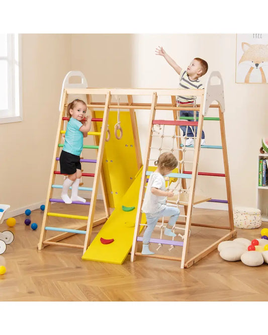 8-in-1 Wooden Jungle Gym Playset with Slide and Monkey Bars-Multicolor - Multicolor - Climbers & Slides