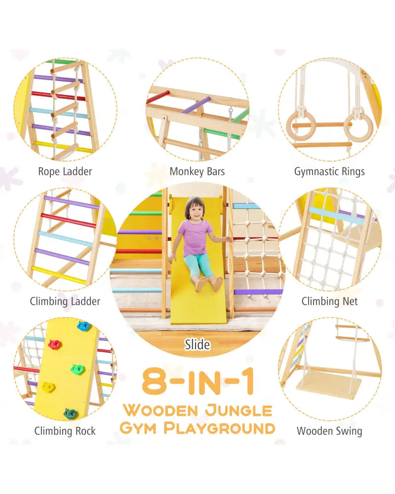 8-in-1 Wooden Jungle Gym Playset with Slide and Monkey Bars-Multicolor - Multicolor - Climbers & Slides