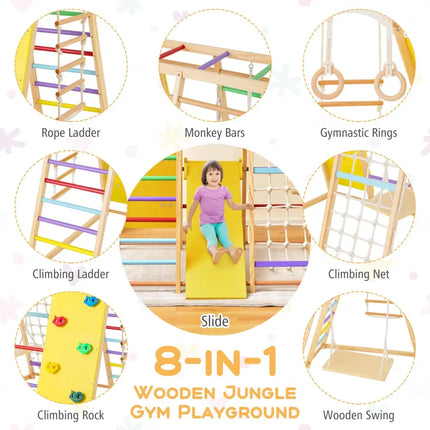 8-in-1 Wooden Jungle Gym Playset with Slide and Monkey Bars-Multicolor - Multicolor - Climbers & Slides
