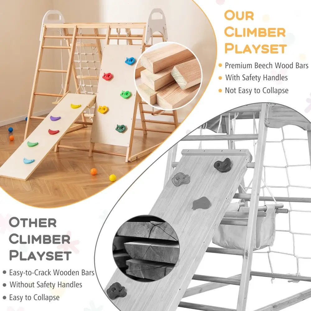 8-in-1 Wooden Jungle Gym Playset with Slide and Monkey Bars-Natural - Natural - Climbers & Slides