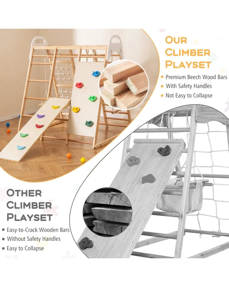 8-in-1 Wooden Jungle Gym Playset with Slide and Monkey Bars-Natural - Natural - Climbers & Slides