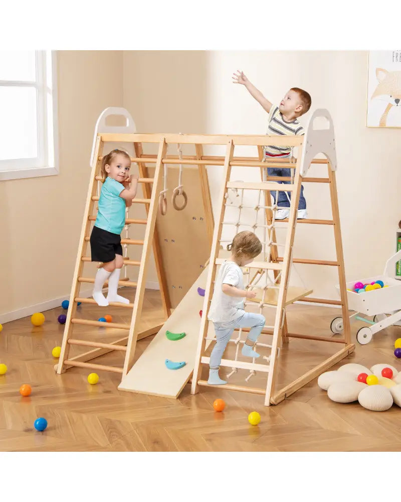8-in-1 Wooden Jungle Gym Playset with Slide and Monkey Bars-Natural - Natural - Climbers & Slides
