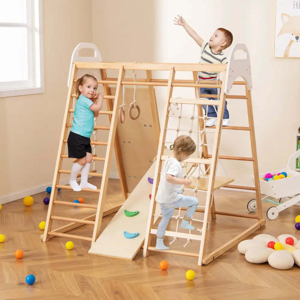 8-in-1 Wooden Jungle Gym Playset with Slide and Monkey Bars-Natural - Natural - Climbers & Slides
