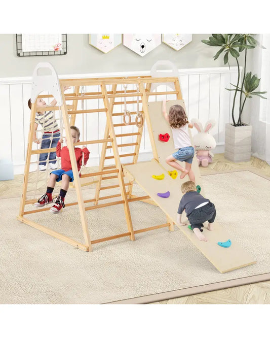 8-in-1 Wooden Jungle Gym Playset with Slide and Monkey Bars-Natural - Natural - Climbers & Slides