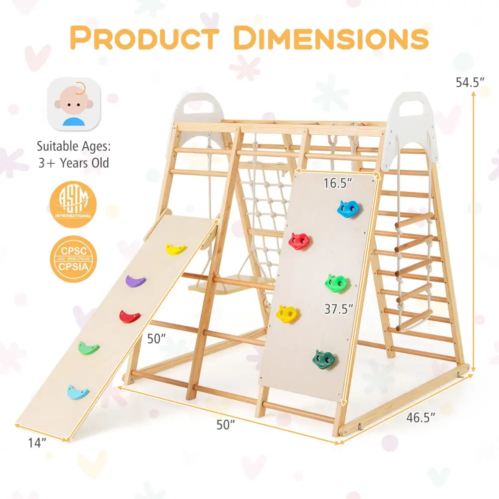 8-in-1 Wooden Jungle Gym Playset with Slide and Monkey Bars-Natural - Natural - Climbers & Slides